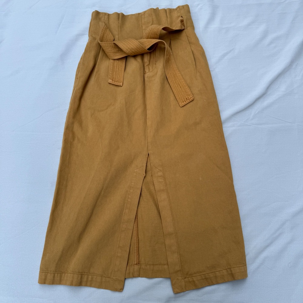 H&M Midi Skirt 4 Mustard Yellow Camel Cotton Twill High Waist Belt Utility Slit